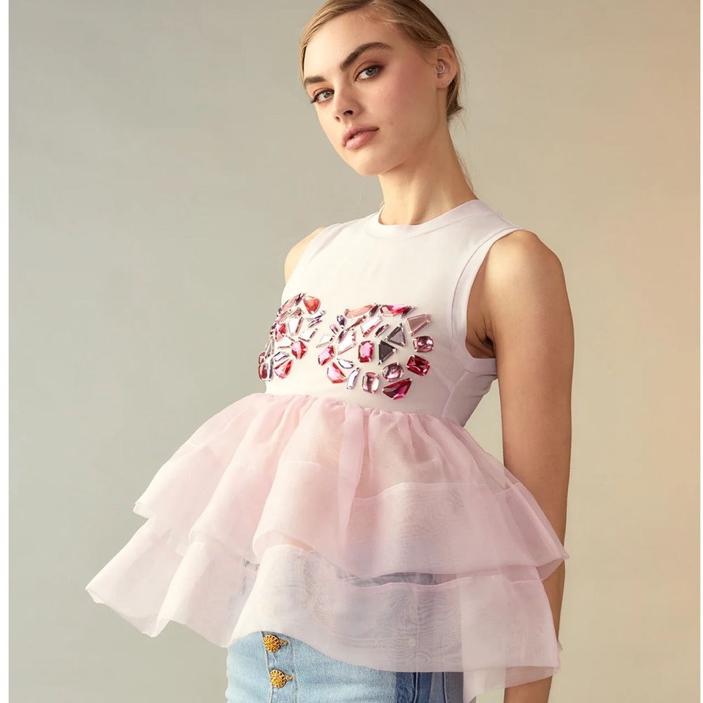 NWT CYNTHIA ROWLEY JEWEL CASCADE PEPLUM TOP -PINK MEDIUM
